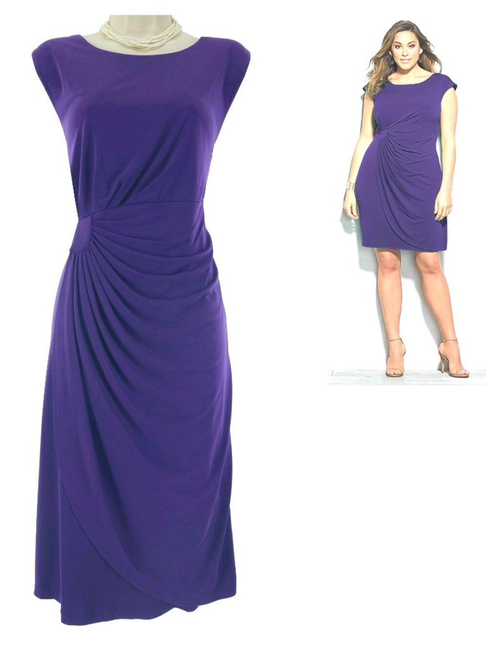 Connected Apparel Purple Violet Sleeveless Faux-Wrap Sheath Dress Sz 16 Stretch